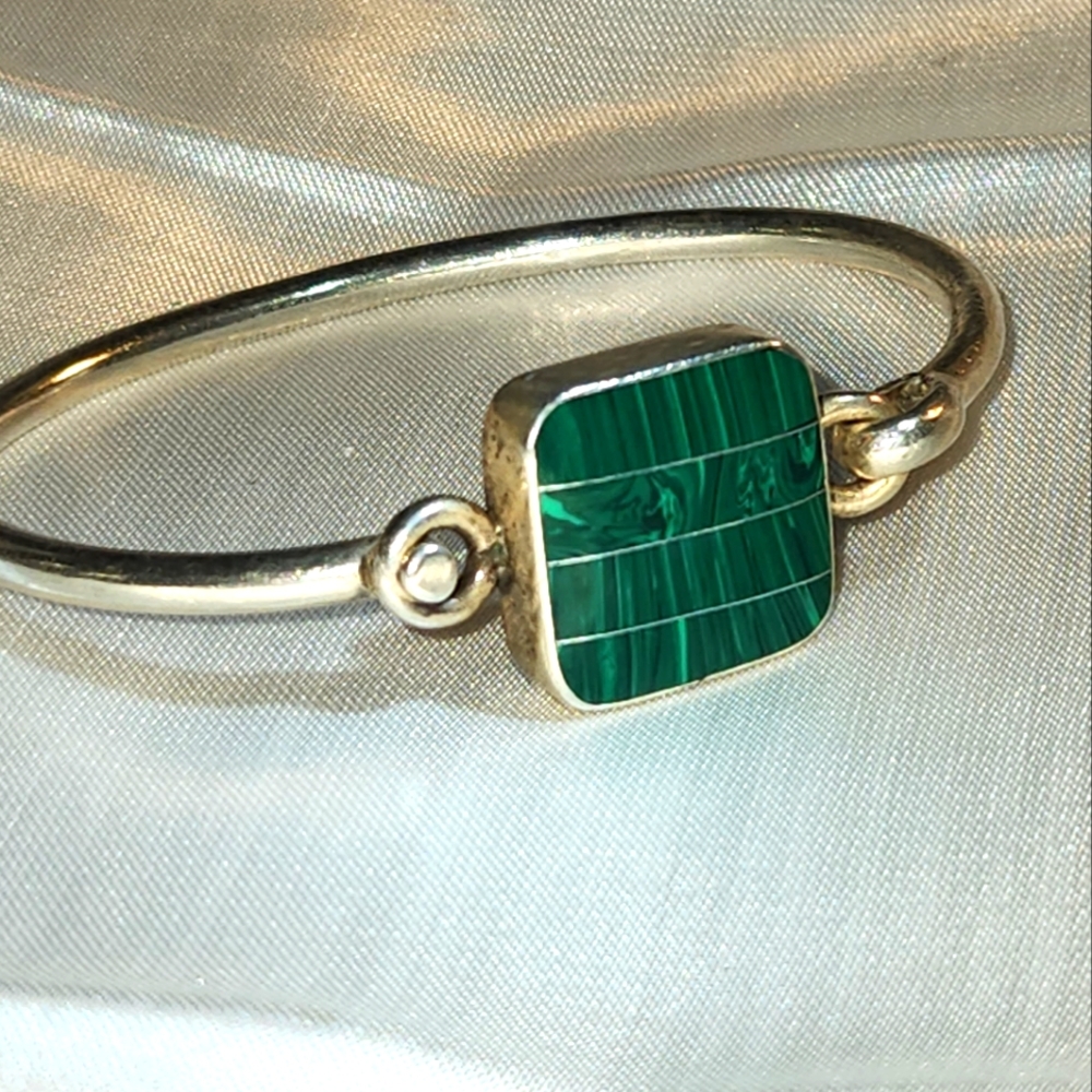 Vintage Mexico Taxco Silver 925 Square Malachite Bangle Bracelet Hook Eye Close